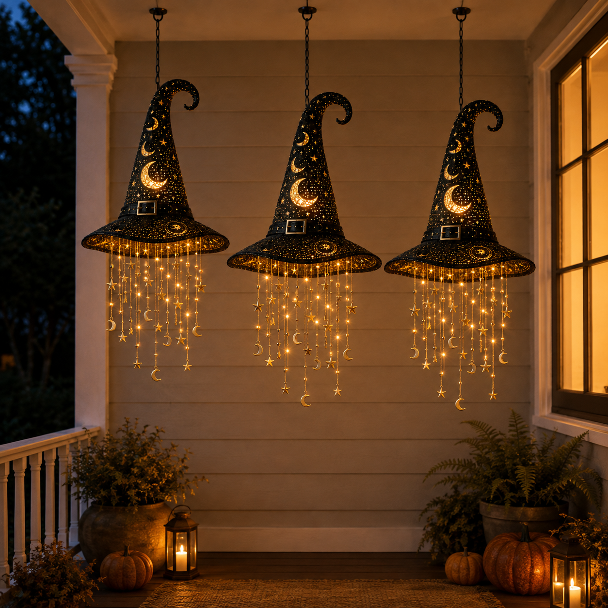 🧙♀️ Lighted Witch Hat Hanging Chime – Halloween Star & Moon Decor