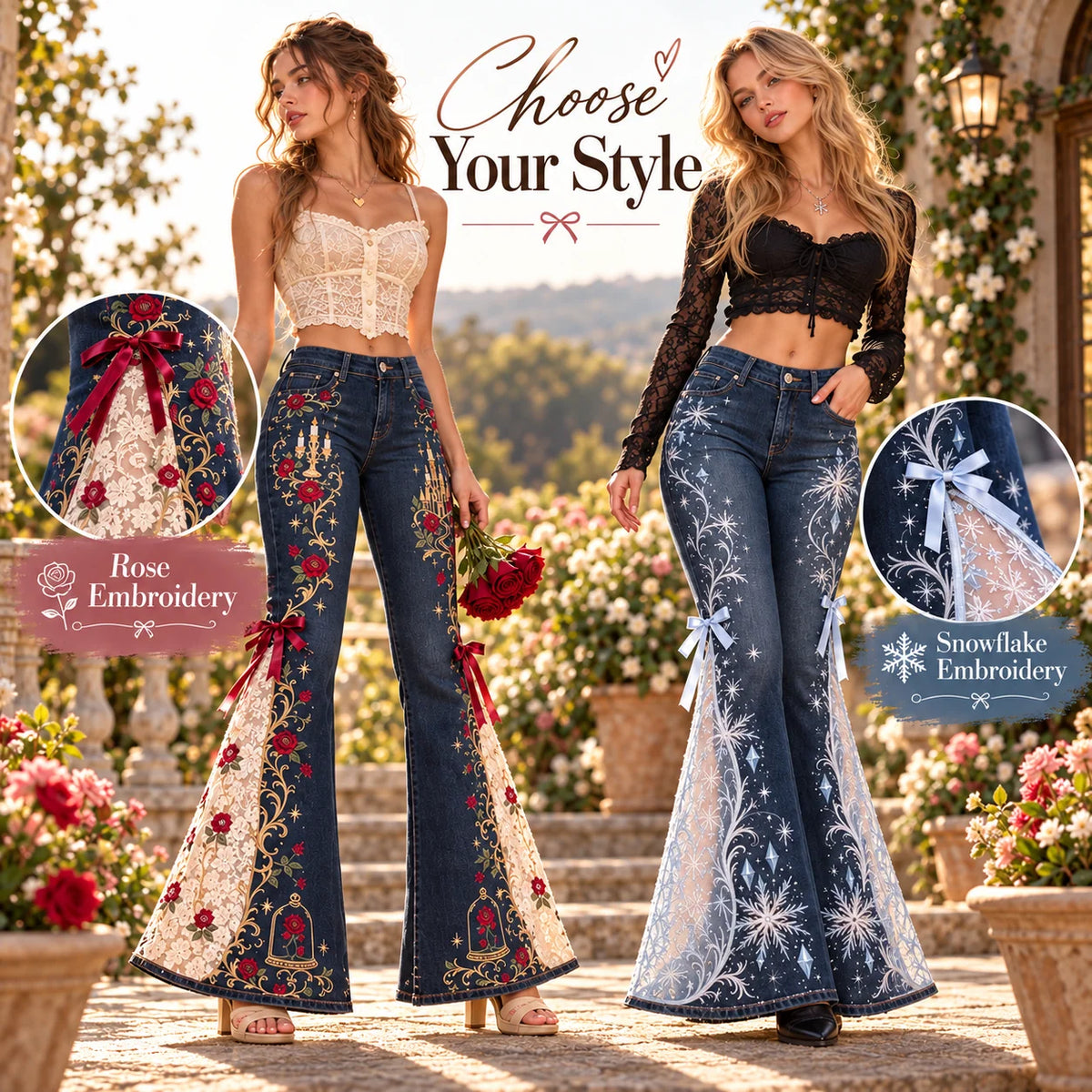 ⏳ Last Day 50% OFF – 🌹 Vintage Embroidered Flare Jeans | High-Rise Stretch Denim with Lace Panels & Floral Details ✨