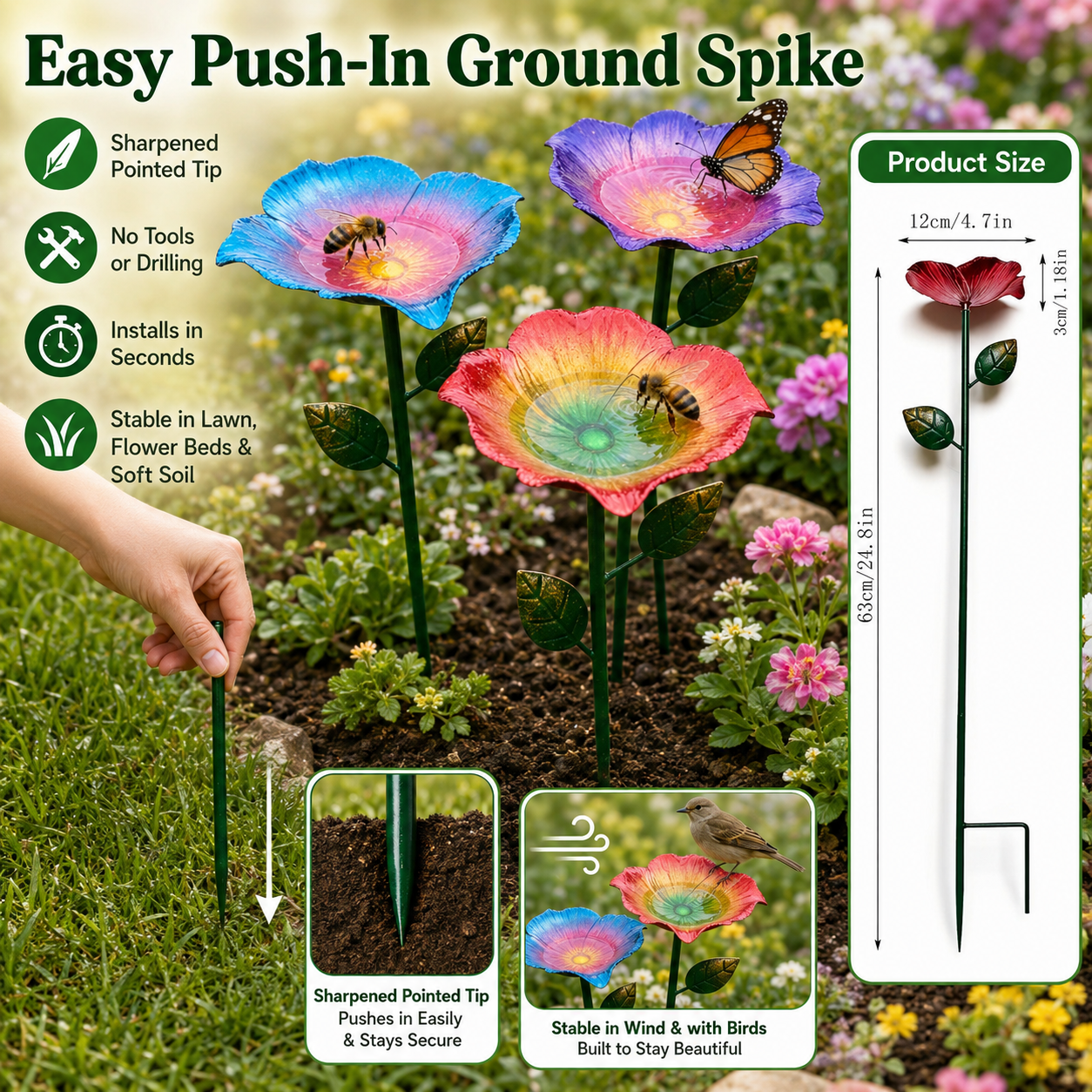 **🌈 Rainbow Gradient Metal Flower Bird Bath Stake, 3-Piece Floral Standing Bird Feeder, Outdoor Garden Pollinator Water Bowl for Bee Butterfly Wild Bird Yard Decor