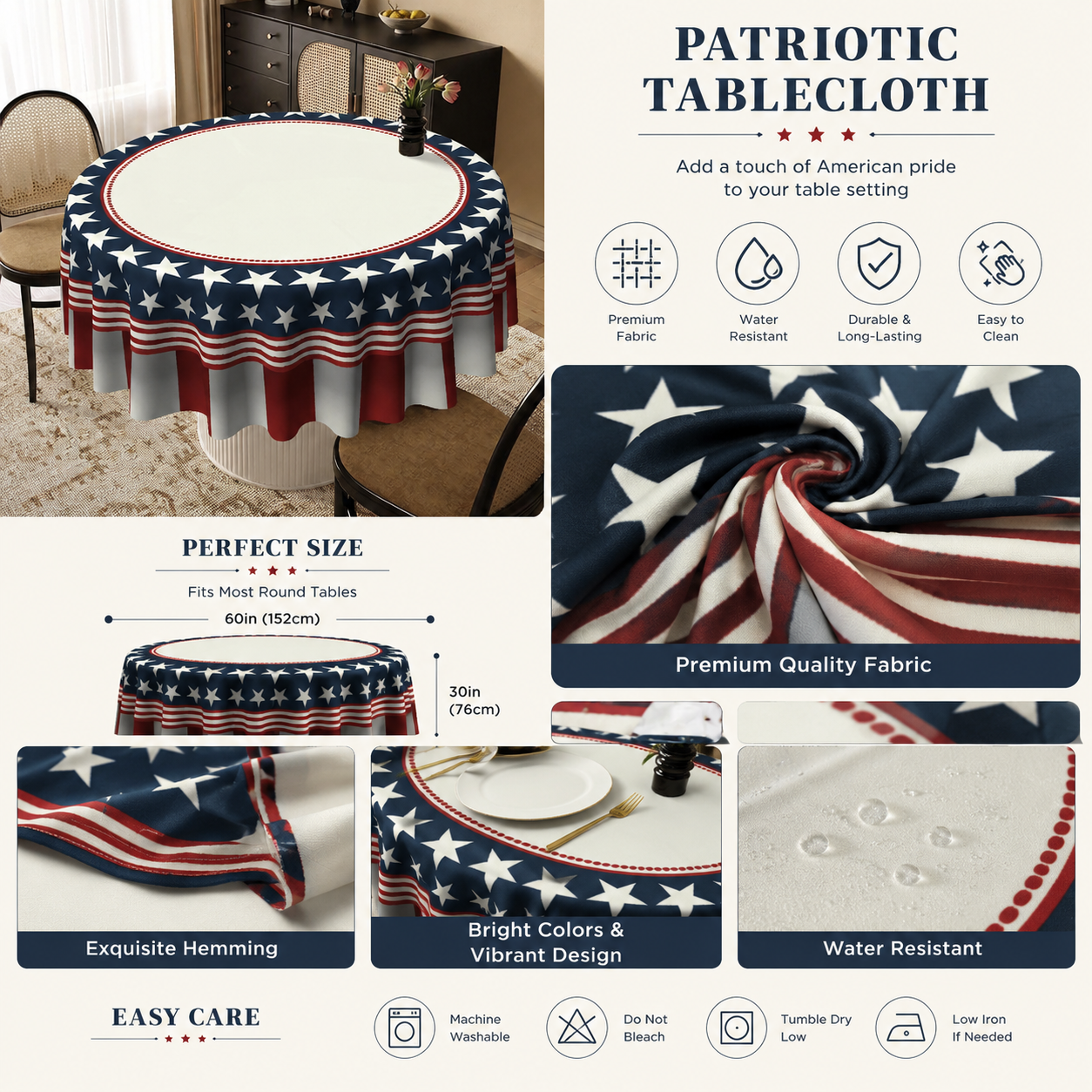 Patriotic Starburst Round Tablecloth 🇺🇸 July 4th Independence Day Decor & Outdoor Picnic Cover ✨