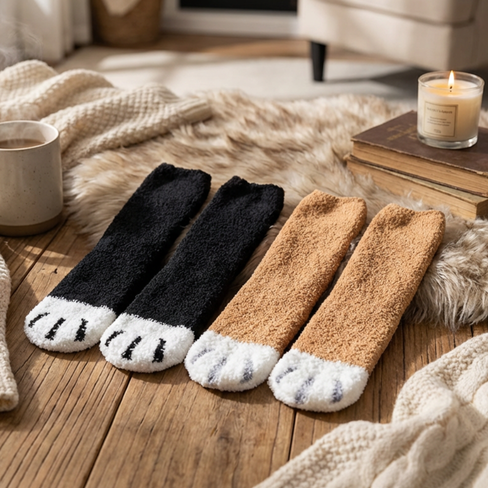🐾 Women’s Fuzzy Cat Paw Socks | Warm Cozy Winter Slipper Socks