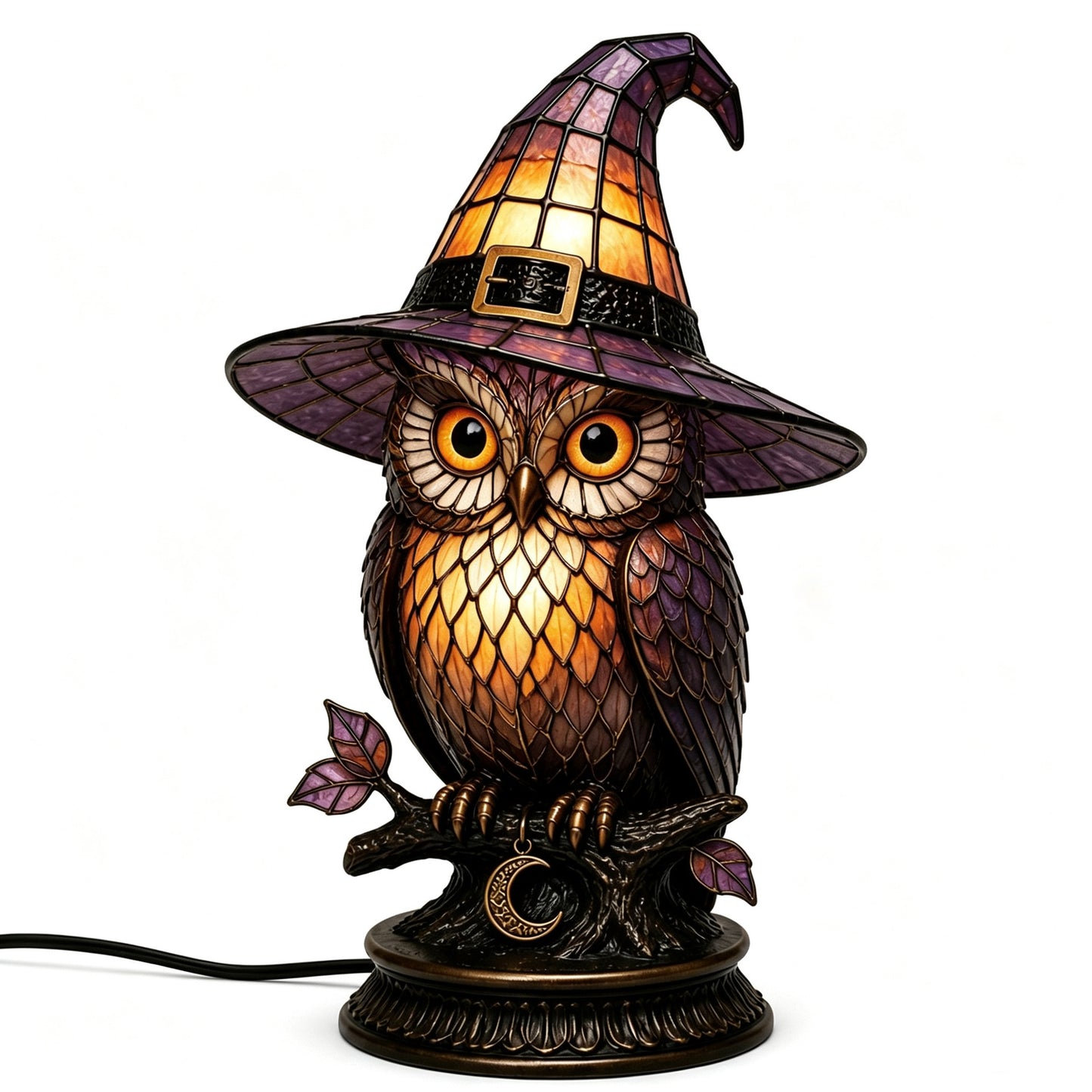 ๐ Gothic Stained Glass Witch Black Cat Table Lamp | Halloween Witch Hat Night Light Decor