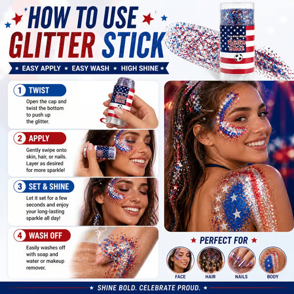 🔥Last Day 54% OFF⚡️3-in-1 Patriotic Glow😍✨Red, White & Blue Glitter Body Stick✨4th of July Glitter Stick🔔