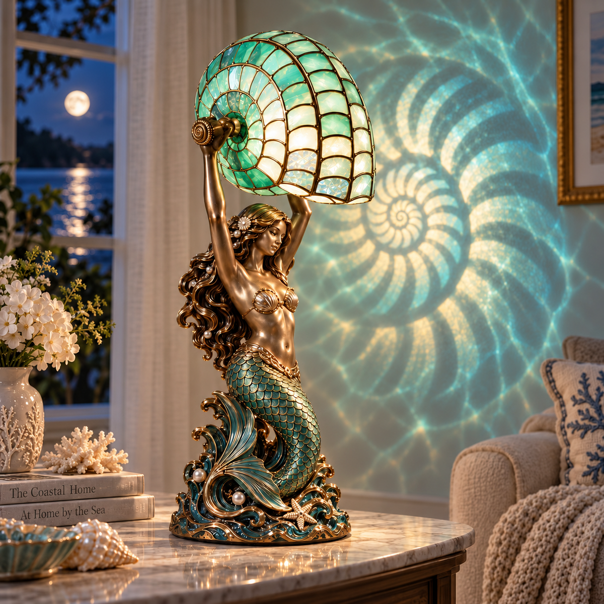 🧜‍♀️ Mermaid Nautilus Stained Glass Lamp – Magical Ocean Glow & Wall Projection
