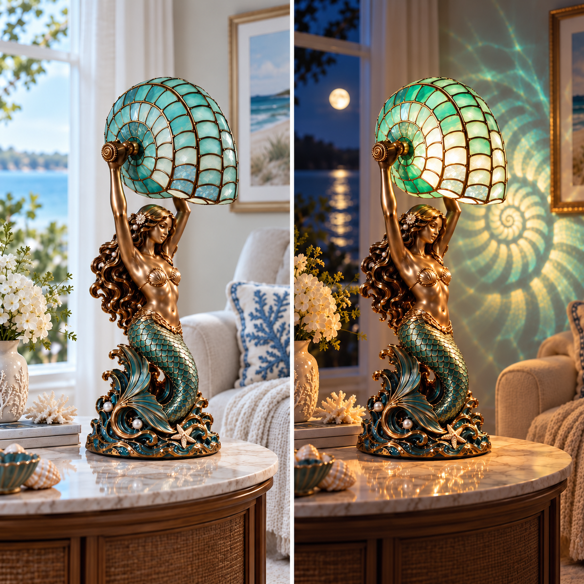 🧜‍♀️ Mermaid Nautilus Stained Glass Lamp – Magical Ocean Glow & Wall Projection