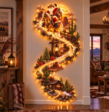 🔥 Last Day – 50% Off!🎅Cowboy Santa on Horse Lighted Wall Décor