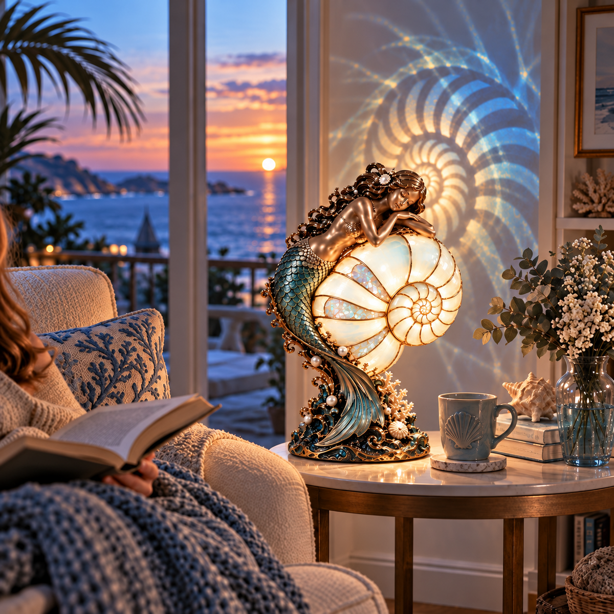 🧜‍♀️ Mermaid Nautilus Stained Glass Lamp – Magical Ocean Glow & Wall Projection