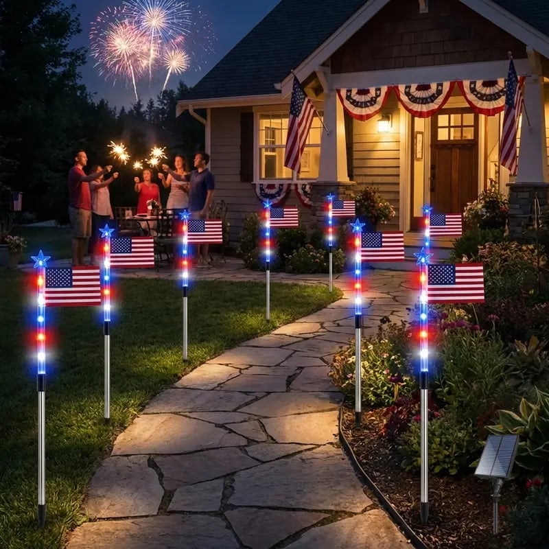 🌟Last Day 50% OFF - 8 Solar American Flag Pathway Lights – Red, White & Blue Yard Glow for 250th Independence Celebration 🇺🇸✨