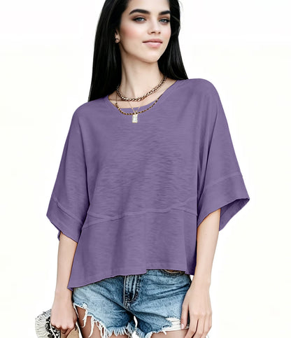 Women's Summer Casual Crewneck Batwing Half Sleeve T-Shirts Solid Color Loose Fit Cute Basic Flowy Tops Tees Blouses