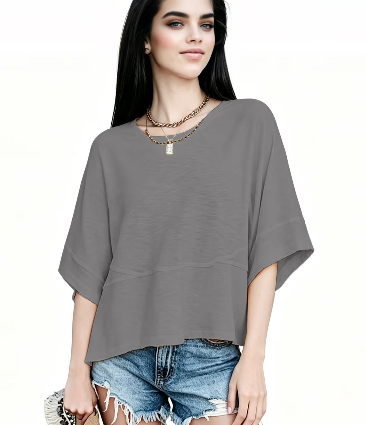 Women's Summer Casual Crewneck Batwing Half Sleeve T-Shirts Solid Color Loose Fit Cute Basic Flowy Tops Tees Blouses
