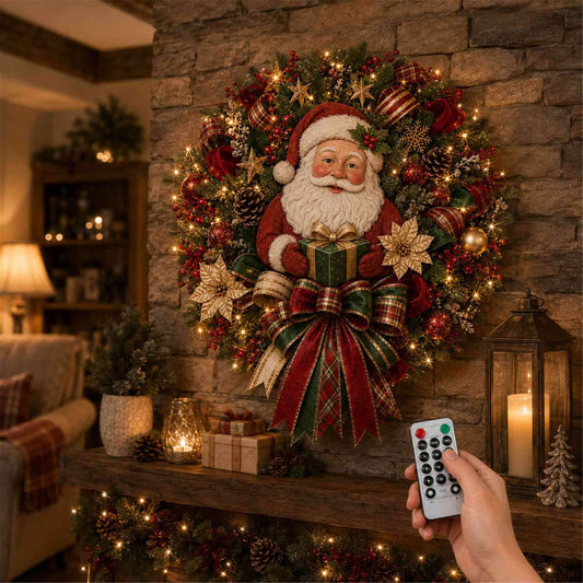 Lighted Seasonal Door Wreath with Remote Control, Christmas Santa Themed Door Wall Decor, Indoor & Outdoor Porch Display, Housewarming Gift for Family