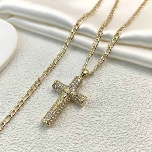 ✝️ Gold Plated Cross Necklace | Cuban Figaro Chain with Crucifix