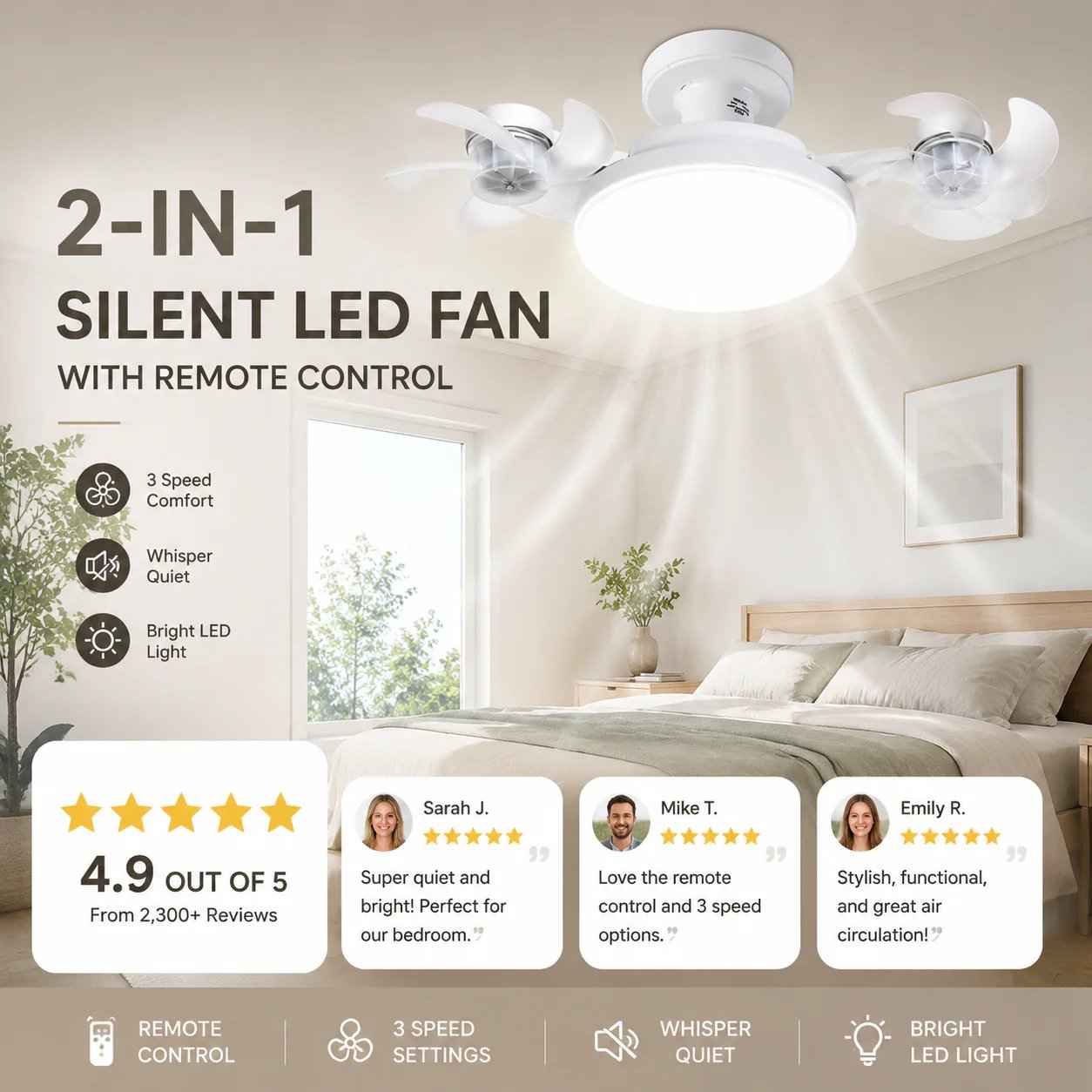 2‐in‐1 Silent LED Fan with Remote Control, Energy‐Saving Cooling & Lighting Combo for Home Bedroom