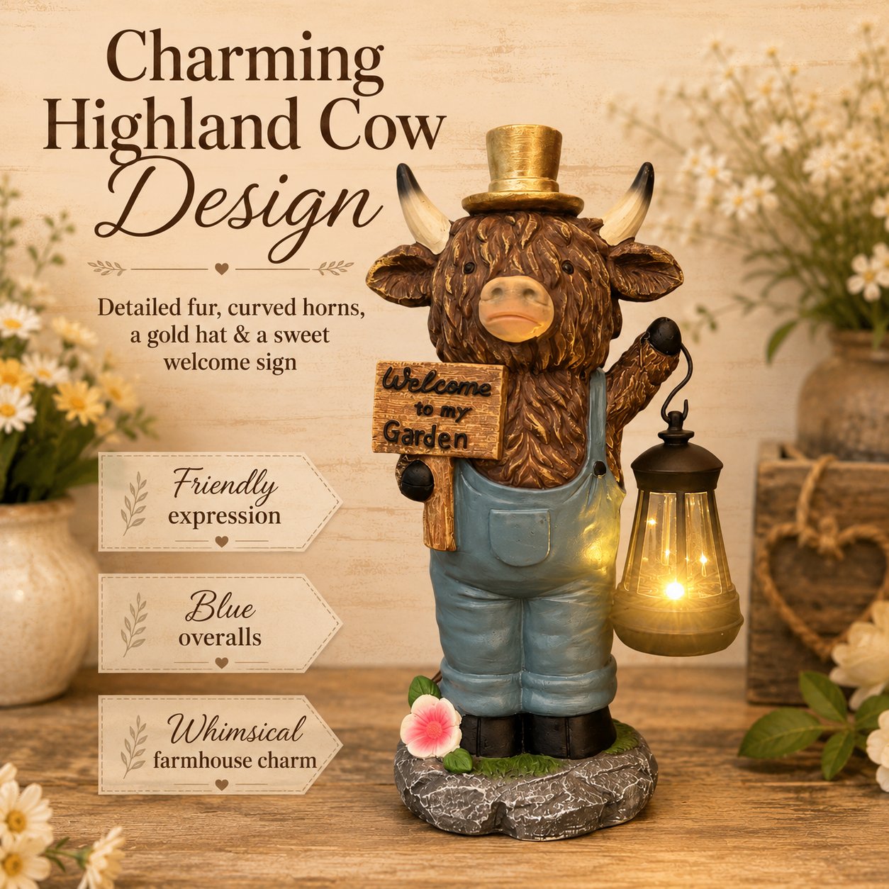 Handcrafted Highland Cow Solar Garden Lantern Statue