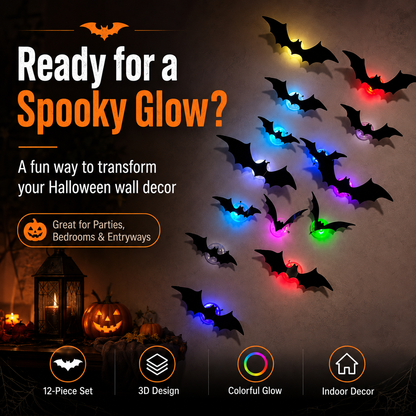 👻✨ 3D Flying Bat Decorations | Colorful LED Halloween Decor for Walls, Doors & Windows