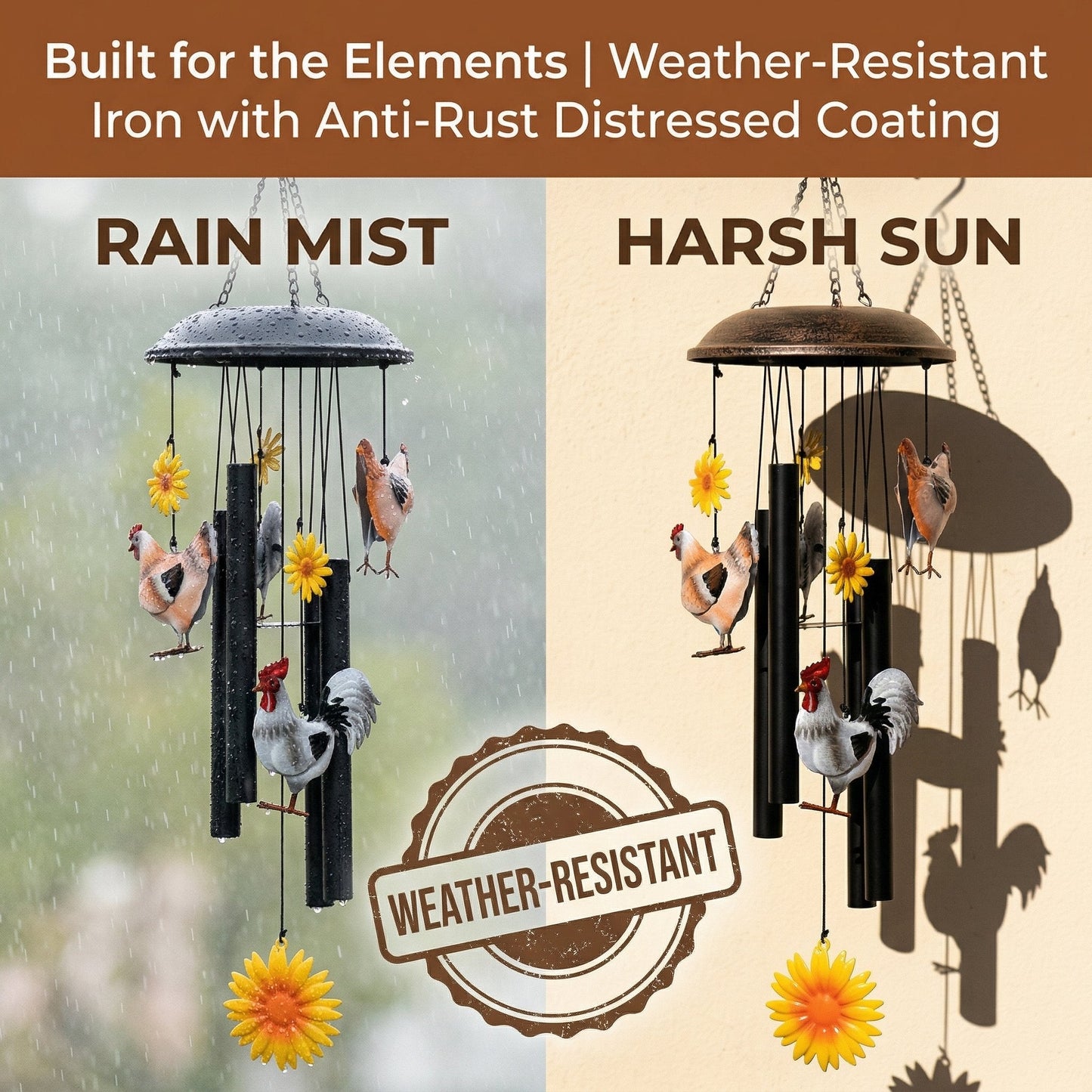 🔥 45% OFF TODAY 🌻 Vintage Metal Chicken & Sunflower Wind Chime 🐔