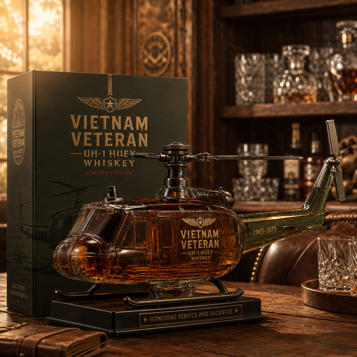 🚁Free Shipping Now🎖️Vietnam Veteran UH-1 Huey Helicopter 1965-1975 Whiskey Bottle