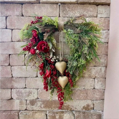 ❤️ Mother’s Day Farmhouse Heart Wreath: Gold Bells, Red Roses & Berries🎉