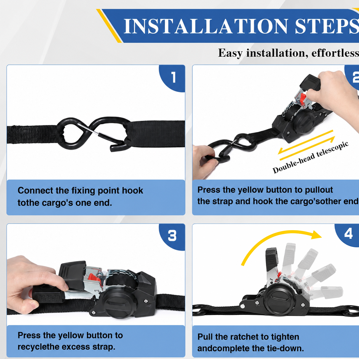 🔥😍⏰Limited Stock 60% OFF 🚜 Dual-End Retractable Tie-Down Ratcheting Straps, Large Locking S Hooks for Motorcycle, ATV, Truck
