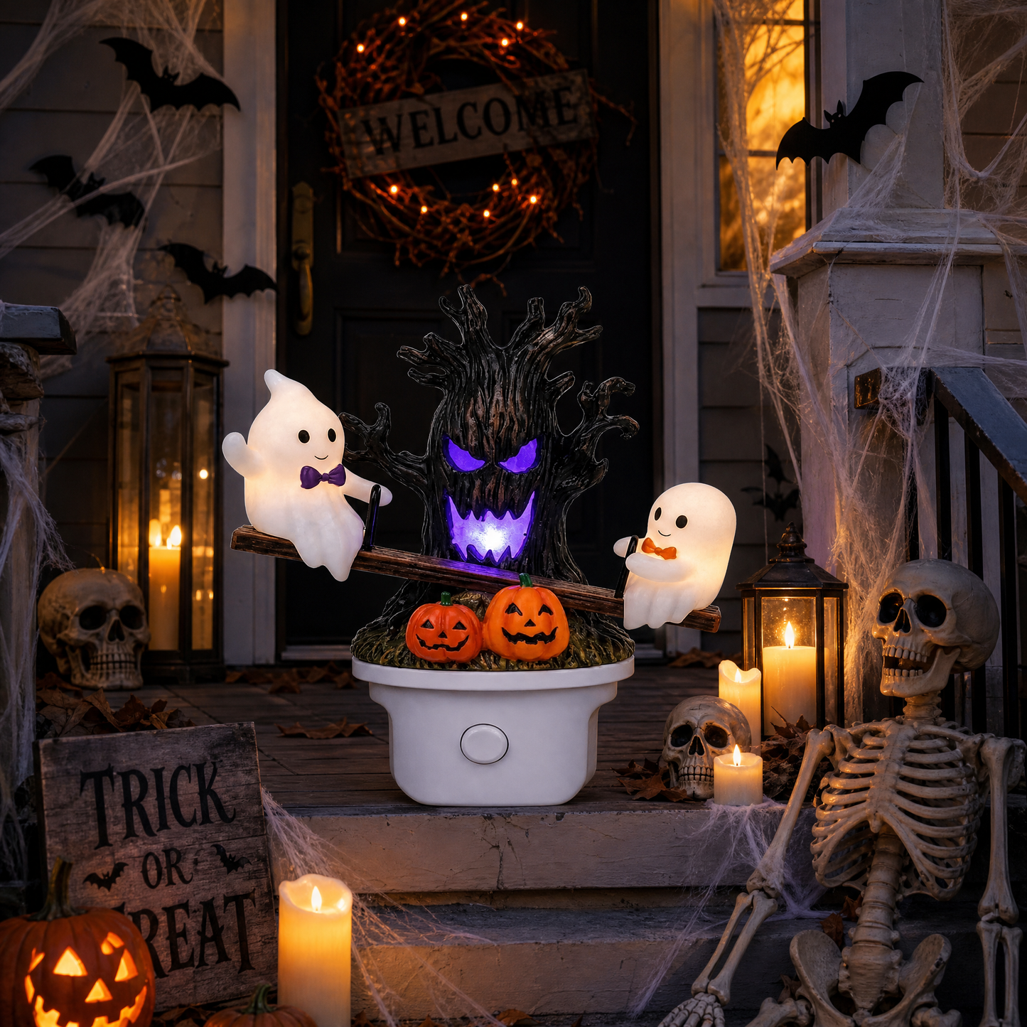 Animated Seesaw Ghost Plug In LED Night Light, 3D Halloween Lamp with Pumpkin & Spooky Tree, Cute Spooky Indoor Decor for Bedroom Bathroom Hallway
