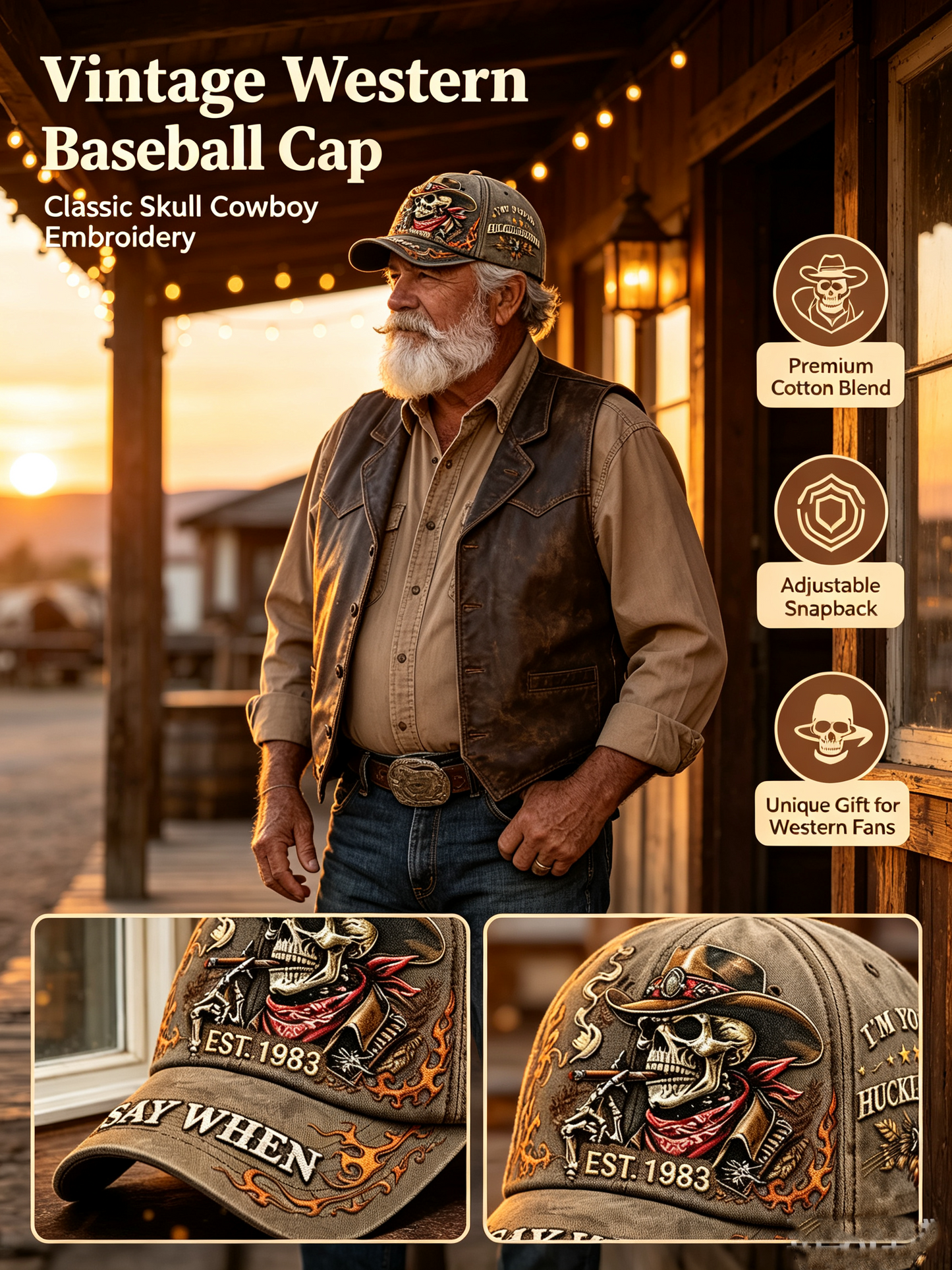 🤠🔥 Retro Western Cowboy Skull Embroidered Baseball Cap | Vintage Style for Everyday Wear