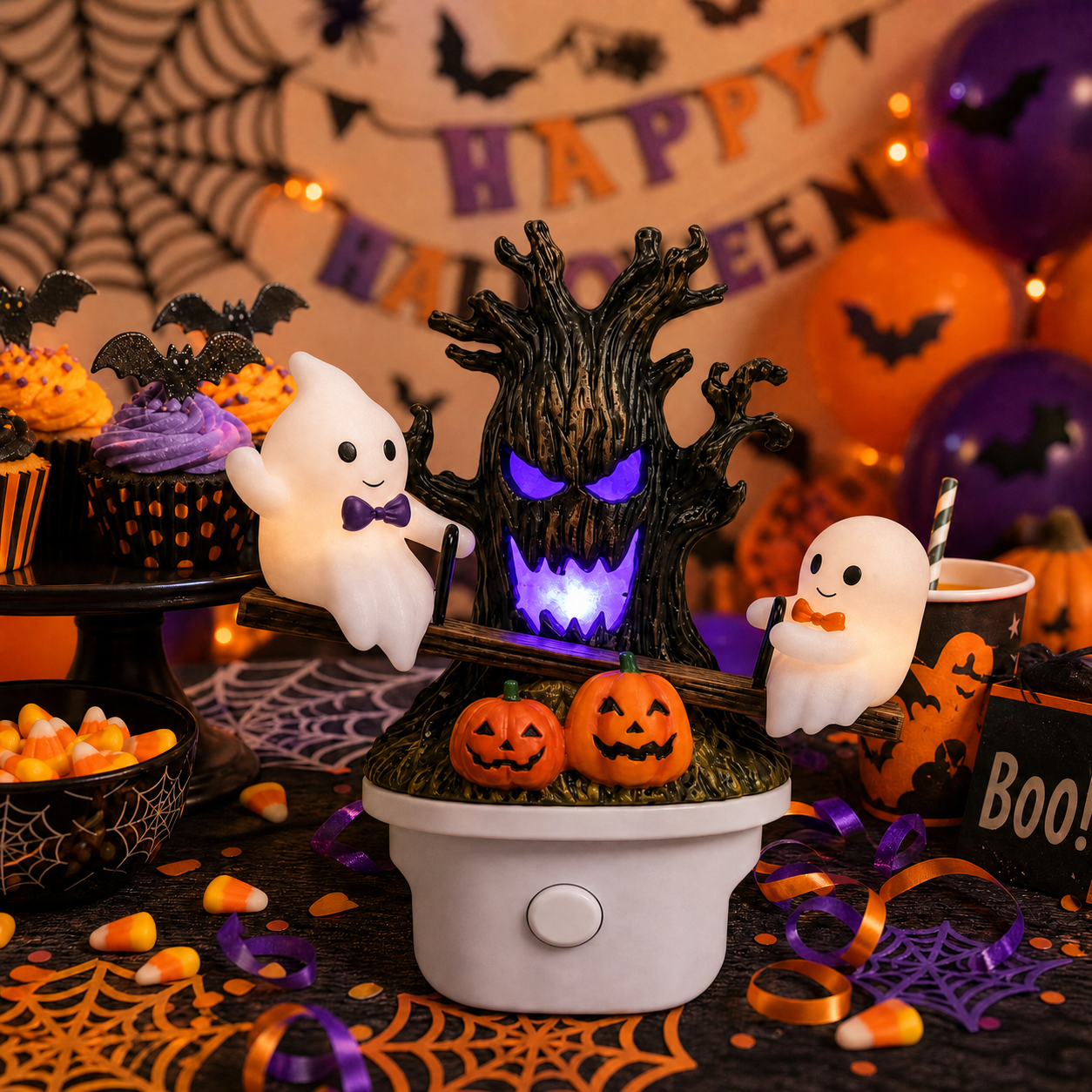 Animated Seesaw Ghost Plug In LED Night Light, 3D Halloween Lamp with Pumpkin & Spooky Tree, Cute Spooky Indoor Decor for Bedroom Bathroom Hallway