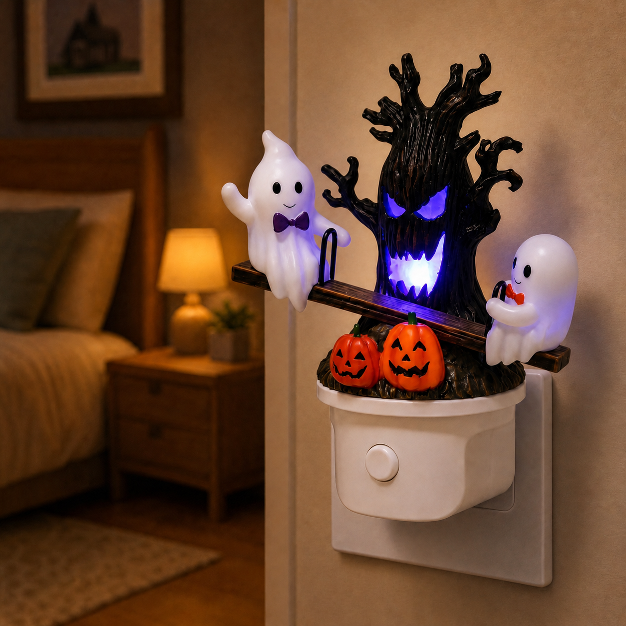 Animated Seesaw Ghost Plug In LED Night Light, 3D Halloween Lamp with Pumpkin & Spooky Tree, Cute Spooky Indoor Decor for Bedroom Bathroom Hallway