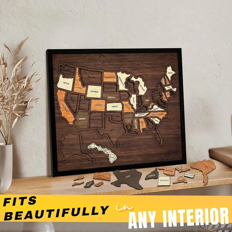 🤩Last Day - 50% OFF| 🌎️🧩3D Wooden USA Map Puzzle: Interactive Travel Tracker Wall Art🗺️