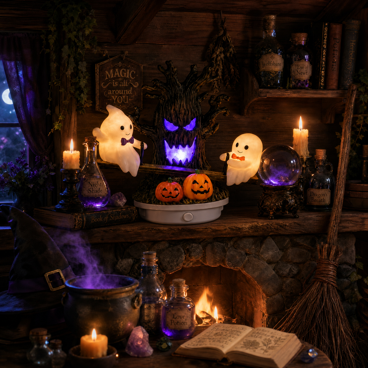 Animated Seesaw Ghost Plug In LED Night Light, 3D Halloween Lamp with Pumpkin & Spooky Tree, Cute Spooky Indoor Decor for Bedroom Bathroom Hallway