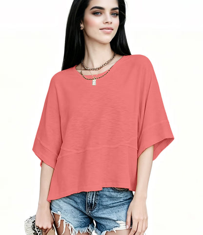 Women's Summer Casual Crewneck Batwing Half Sleeve T-Shirts Solid Color Loose Fit Cute Basic Flowy Tops Tees Blouses
