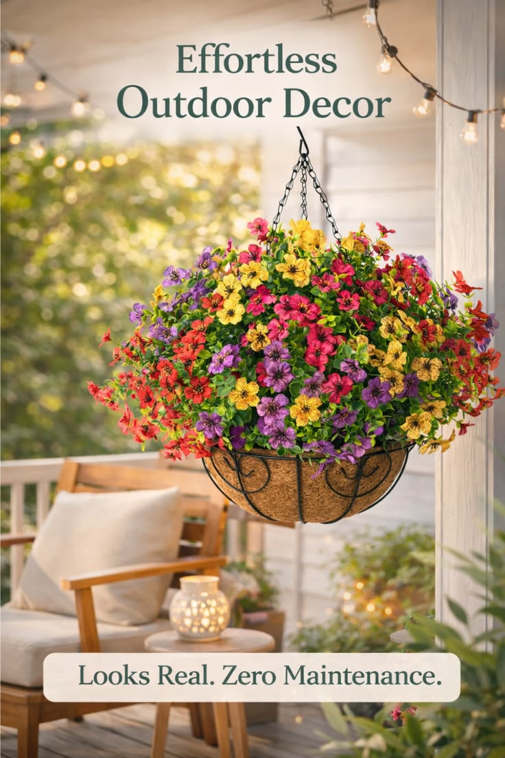 💐 Artificial Daisy Hanging Basket -🏡 Low Maintenance Outdoor Silk Flower Planter for Patio & Garden