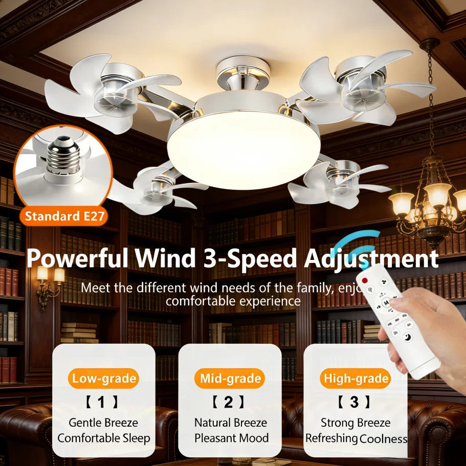💥SAVE 33%💡 2-in-1 E27 4-Head Folding Ceiling Fan Light, Adjustable LED Fan Lamp With Remote Control For Bedroom Kitchen