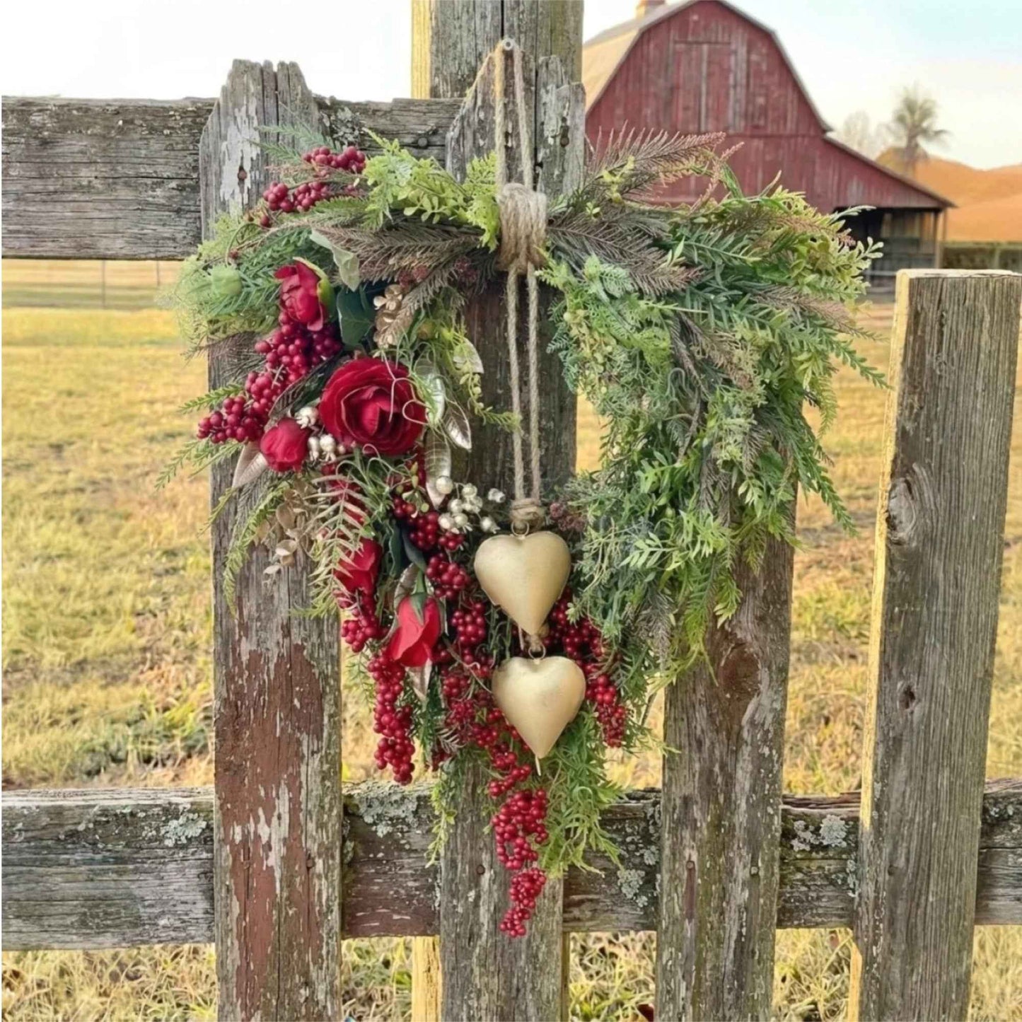 ❤️ Mother’s Day Farmhouse Heart Wreath: Gold Bells, Red Roses & Berries🎉