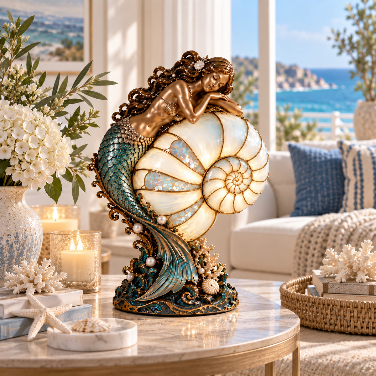 🧜‍♀️ Mermaid Nautilus Stained Glass Lamp – Magical Ocean Glow & Wall Projection