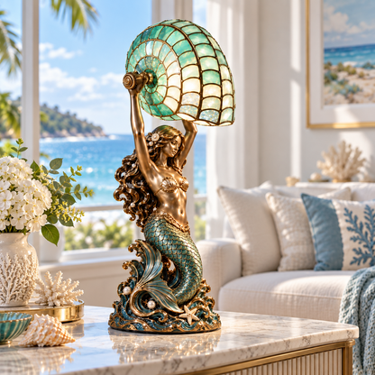 🧜‍♀️ Mermaid Nautilus Stained Glass Lamp – Magical Ocean Glow & Wall Projection