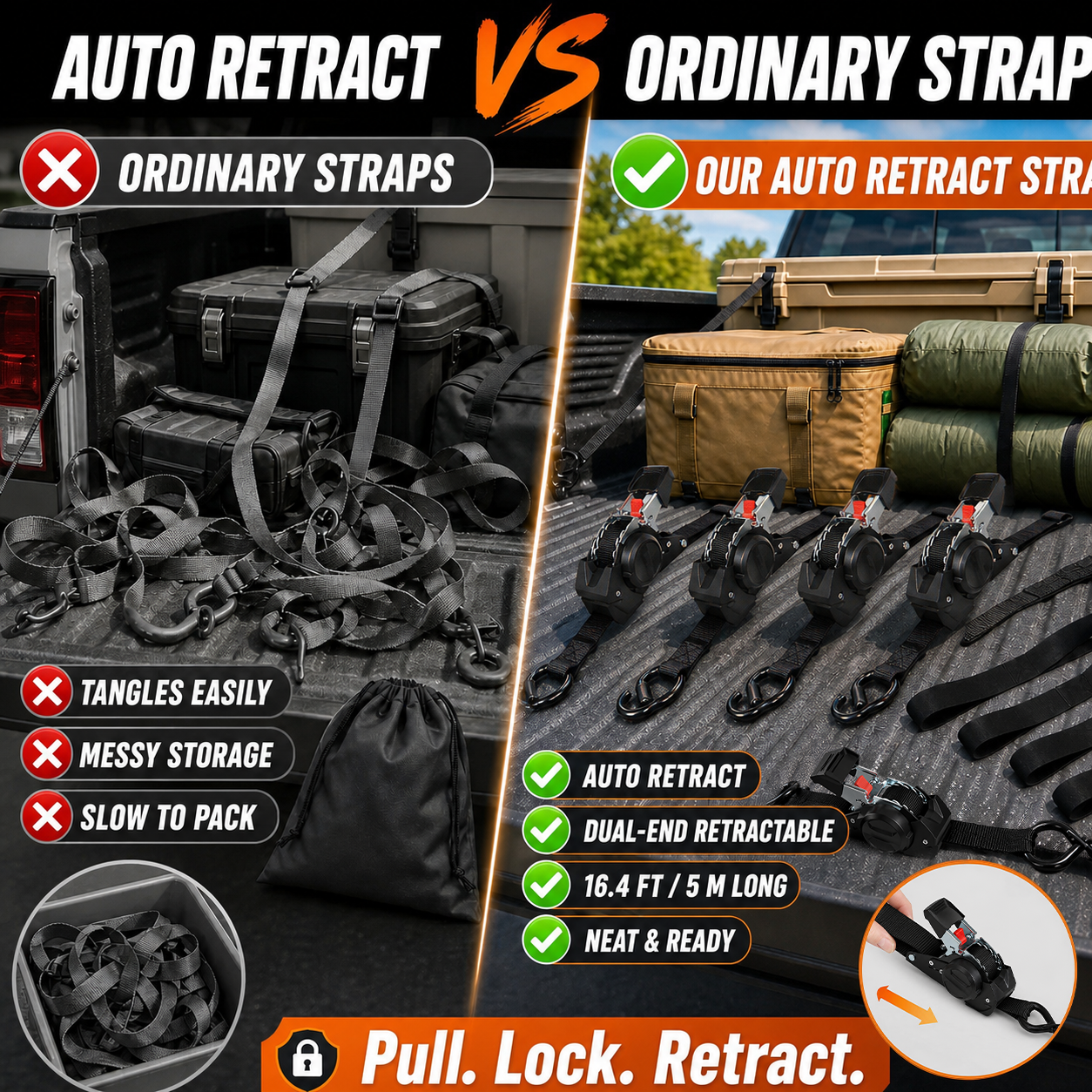 🔥😍⏰Limited Stock 60% OFF 🚜 Dual-End Retractable Tie-Down Ratcheting Straps, Large Locking S Hooks for Motorcycle, ATV, Truck