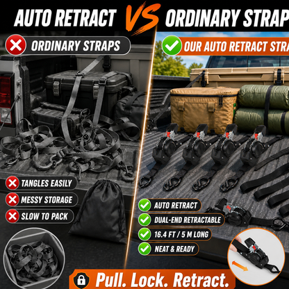 🔥😍⏰Limited Stock 60% OFF 🚜 Dual-End Retractable Tie-Down Ratcheting Straps, Large Locking S Hooks for Motorcycle, ATV, Truck