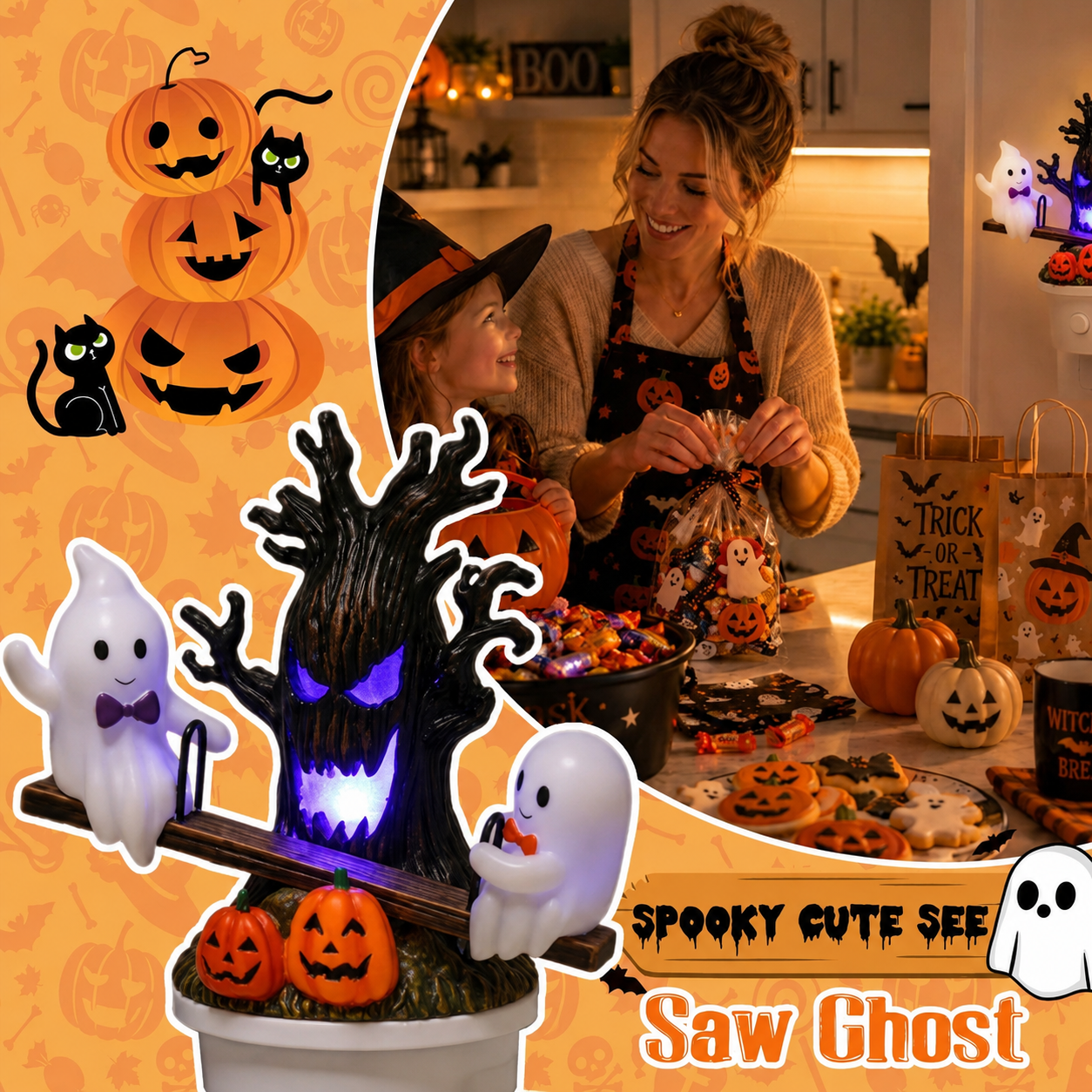 Animated Seesaw Ghost Plug In LED Night Light, 3D Halloween Lamp with Pumpkin & Spooky Tree, Cute Spooky Indoor Decor for Bedroom Bathroom Hallway