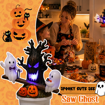 Animated Seesaw Ghost Plug In LED Night Light, 3D Halloween Lamp with Pumpkin & Spooky Tree, Cute Spooky Indoor Decor for Bedroom Bathroom Hallway