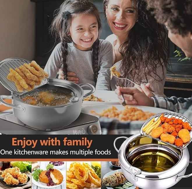 🔥Stainless Steel Frying Pot with Thermometer and Oil Drip Drainer Rack🎉