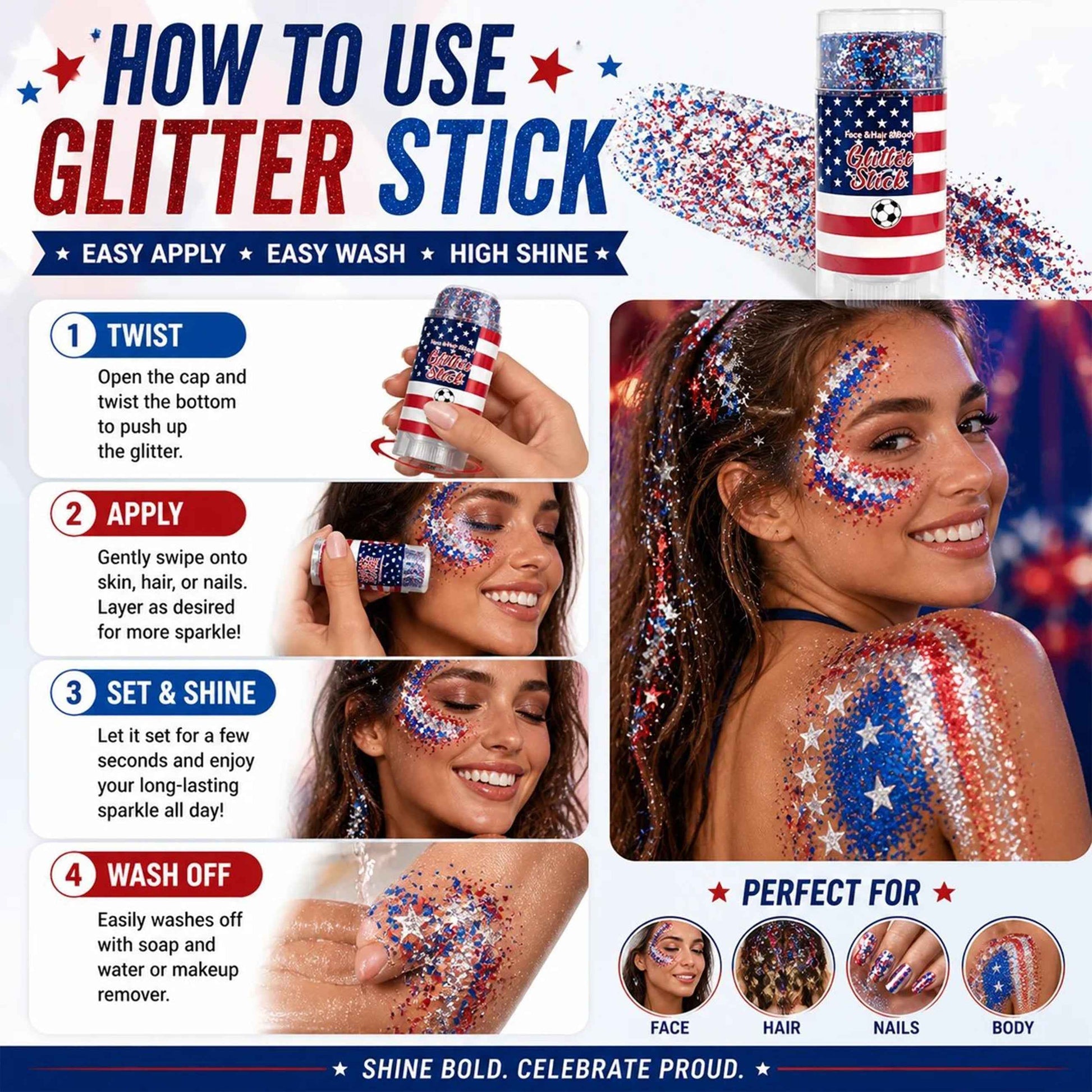 Last Day Promotion!🎁🦅4th of July Glitter Stick✨🔔 Red, White & Blue Body & Hair Sparkle