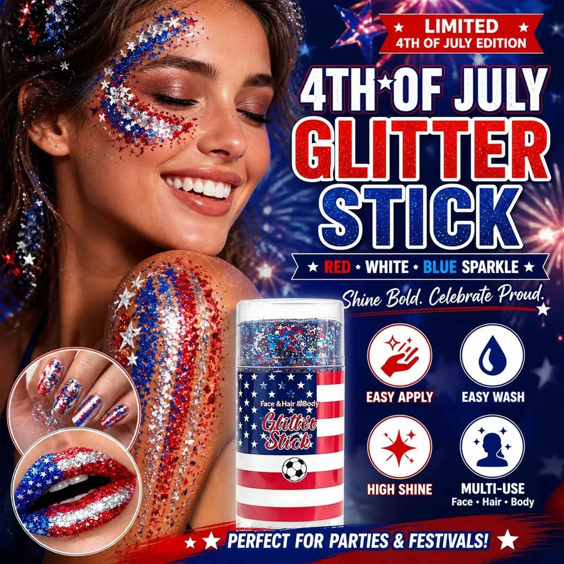 Last Day Promotion!🎁🦅4th of July Glitter Stick✨🔔 Red, White & Blue Body & Hair Sparkle