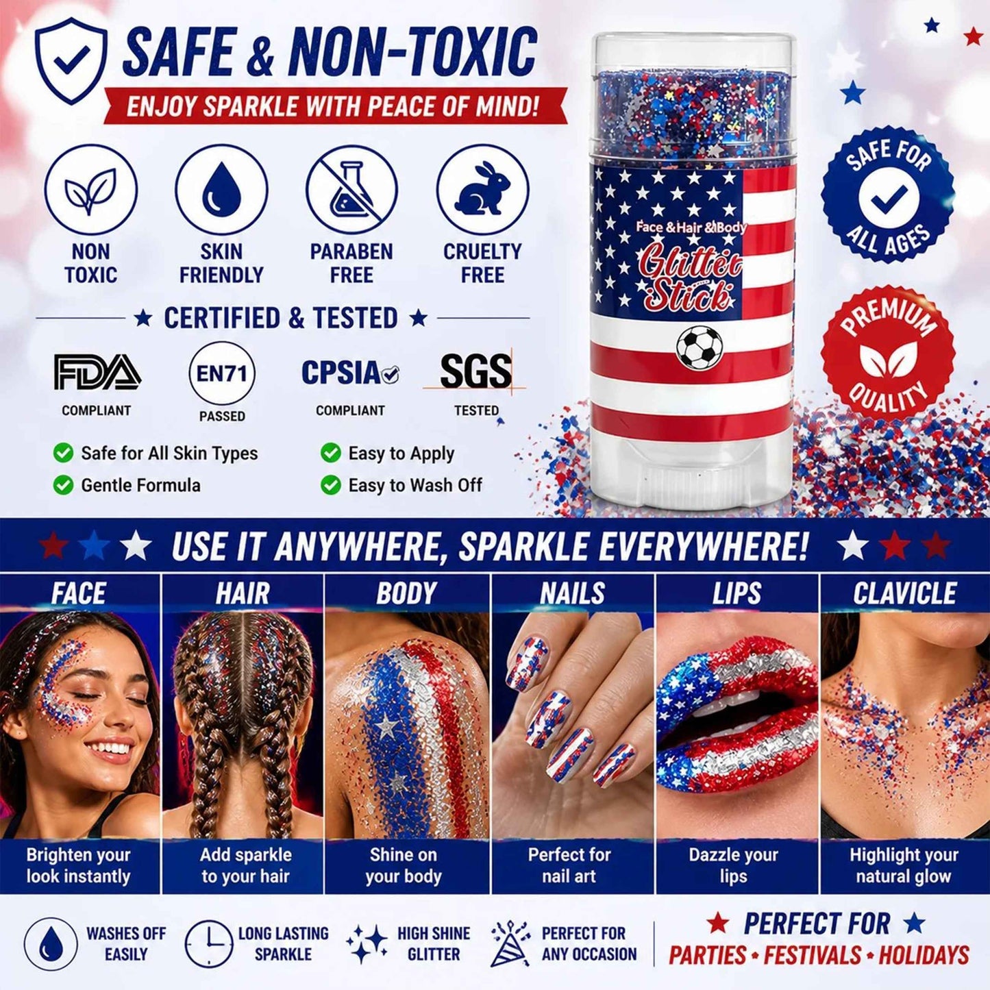 Last Day Promotion!🎁🦅4th of July Glitter Stick✨🔔 Red, White & Blue Body & Hair Sparkle