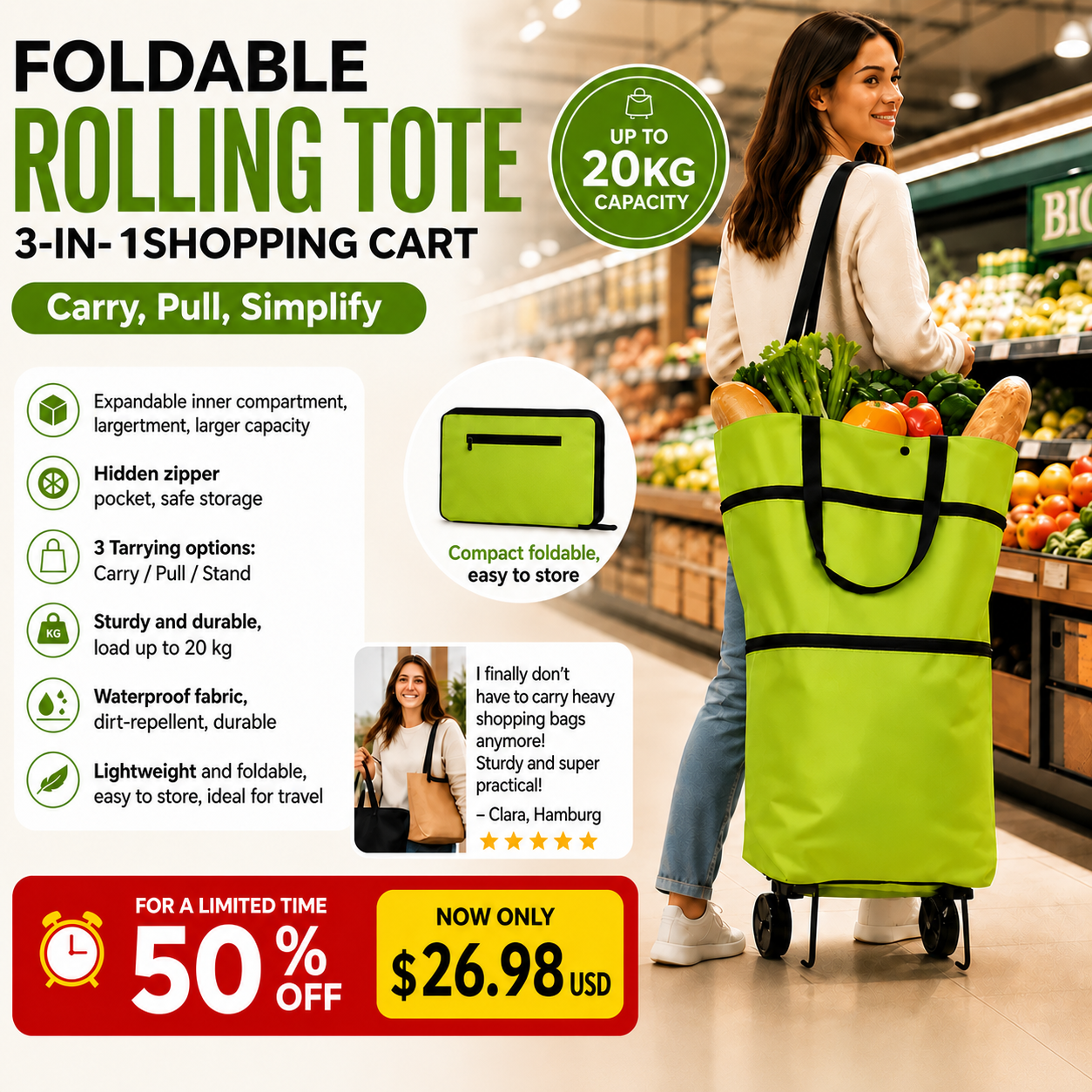 🛍️✨ 🔥LIMITED-TIME SALE🔥 3-in-1 Convertible Rolling Shopping Tote 🛍️🛞 Hidden Wheels, Expandable Zip & 44LB Capacity