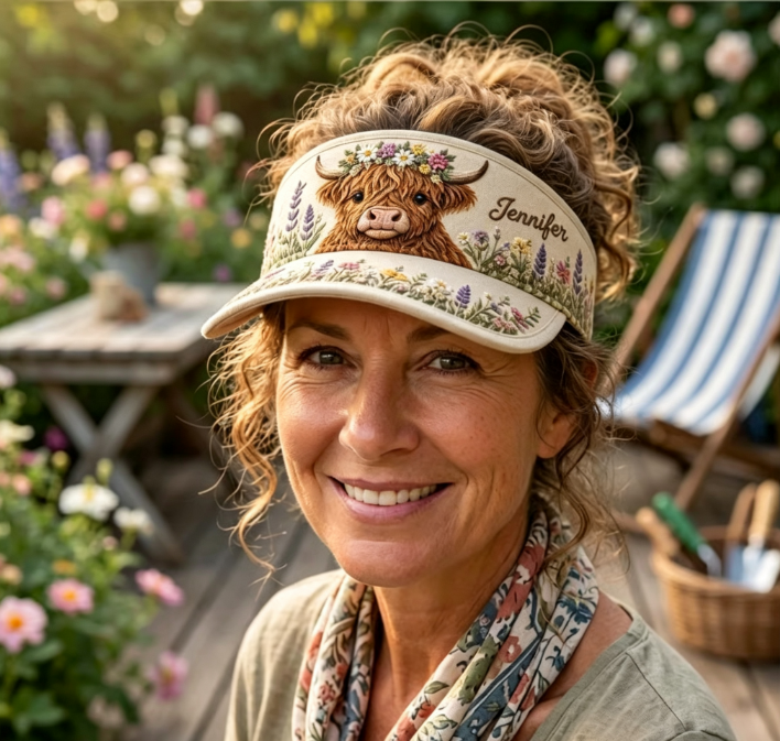 ☀️🐮 Special Deal 50% OFF🌸 Floral Highland Cow Sun Visor Hat | Add a Cute Farmhouse Touch to Your Summer Style