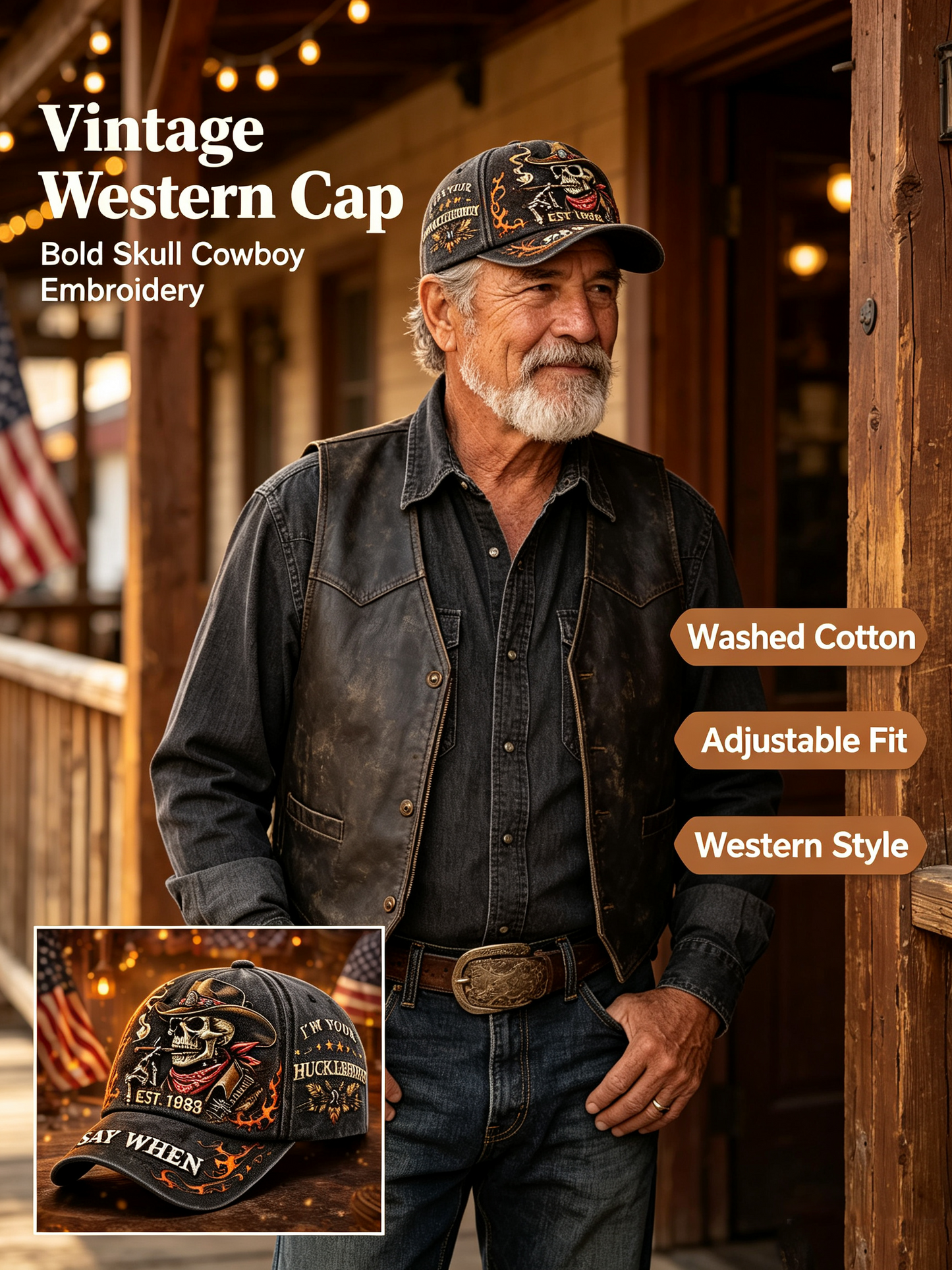 🤠🔥 Retro Western Cowboy Skull Embroidered Baseball Cap | Vintage Style for Everyday Wear