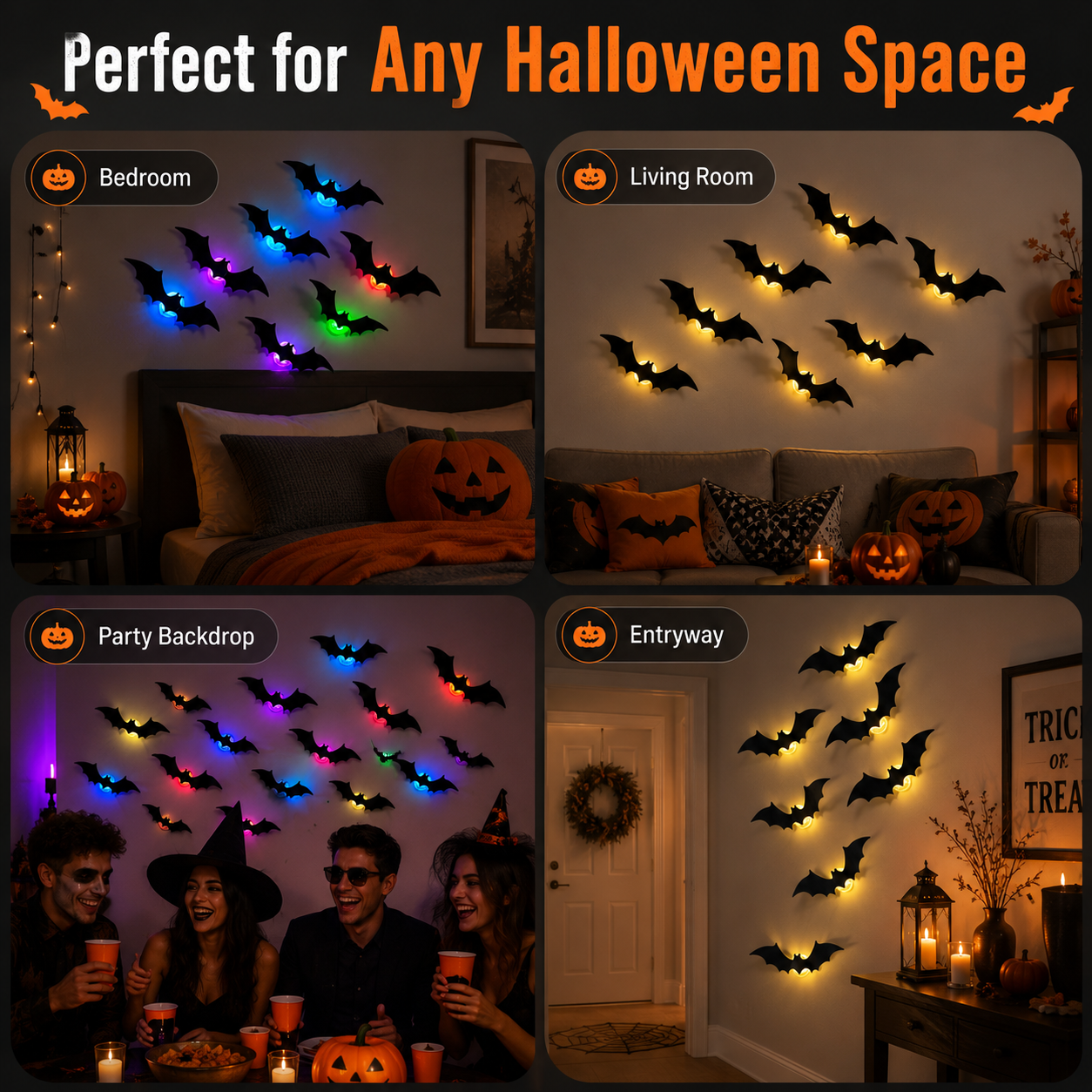 👻✨ 3D Flying Bat Decorations | Colorful LED Halloween Decor for Walls, Doors & Windows