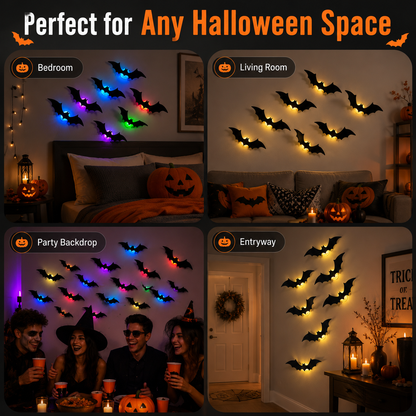 👻✨ 3D Flying Bat Decorations | Colorful LED Halloween Decor for Walls, Doors & Windows