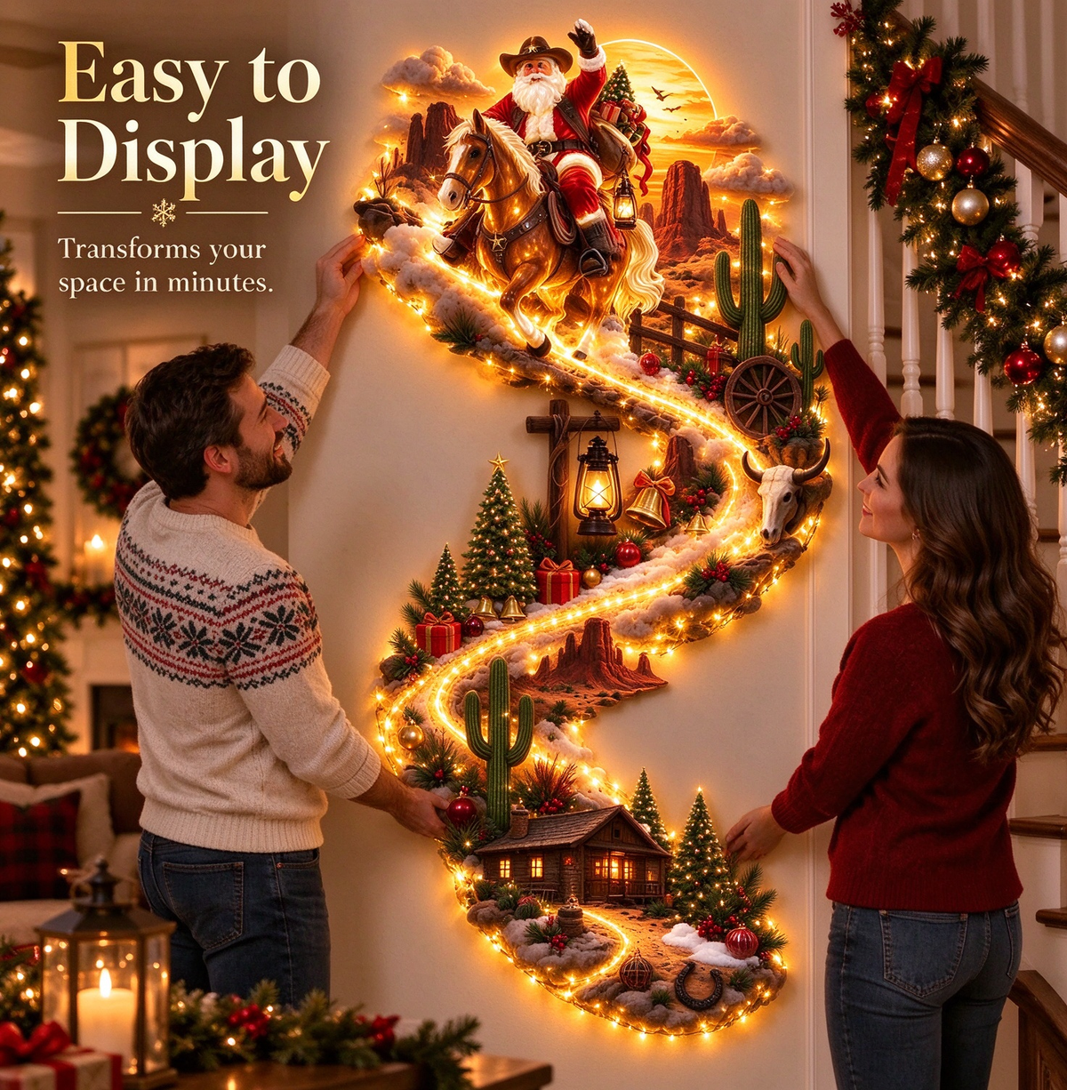 🔥 Last Day – 50% Off!🎅Cowboy Santa on Horse Lighted Wall Décor