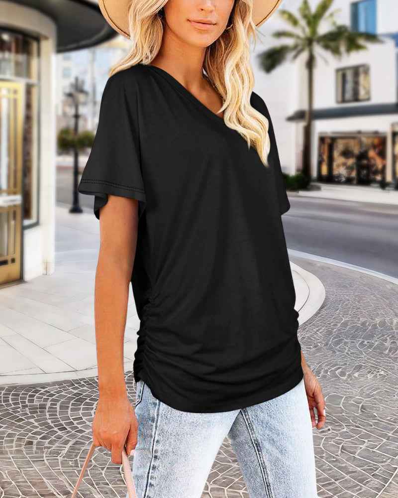 Soft V-Neck Dolman Loose Fit T-Shirt with Side Ruching